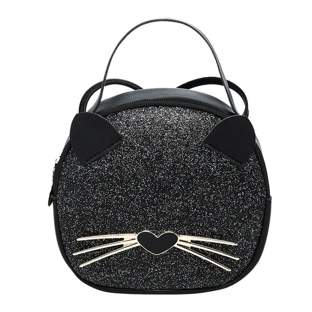 Cute Cartoon Cat Design Sequins Crossbody Leather Handbag