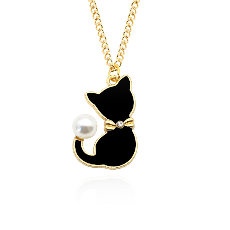 Enamel Cat Pearl Tail Choker Necklace For Women